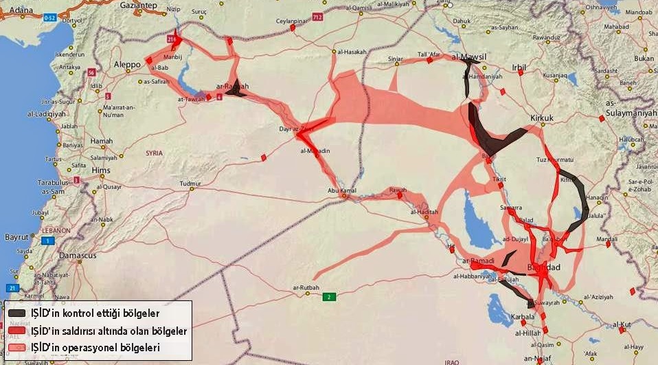 IŞİD'in Suriye ve Irak'ta kontrol altına aldığı ve saldırdığı bölgeler (Resmi büyütmek için üzerine tıklayın)