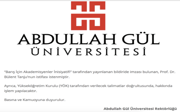 Abdullah Gül Üniversitesi söz dinledi, barış isteyen akademisyenin istifasını istedi