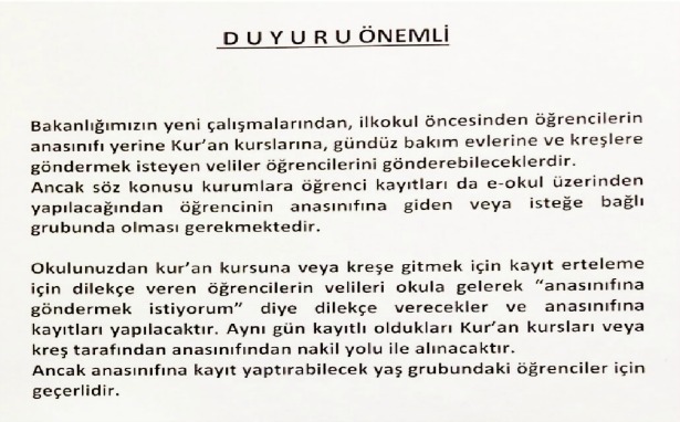 İlçe Milli Eğitim Müdürlüğü&#8217;nden &#8216;anasınıfı&#8217; yerine &#8216;kuran kursu&#8217; seçeneği