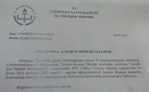Milli Eğitim&#8217;den Erdoğan&#8217;ın doğum gününü kutlama yürüyüşüne iptal kararı