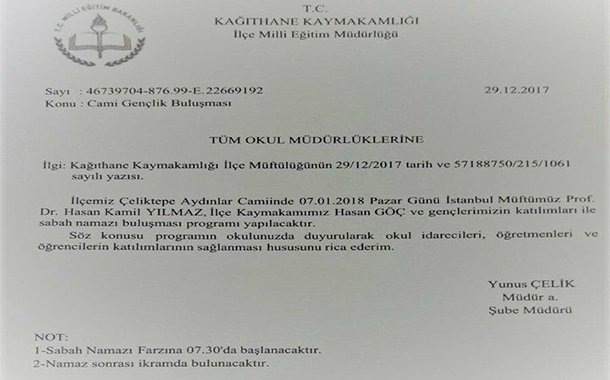 Kağıthane İlçe Milli Eğitim Müdürlüğü&#8217;nden namaz etkinliğine katılım talimatı