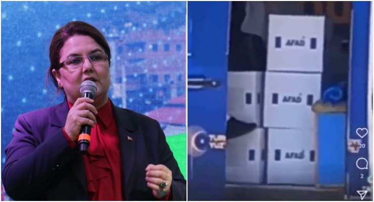 AFAD yardım kolileri Bakan Derya Yanık&#8217;ın seçim otobüsünden çıktı